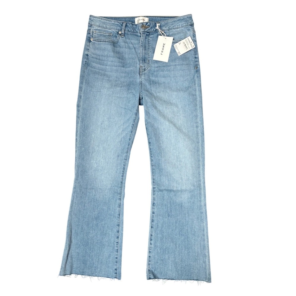 FRAME Wilson Raw After High Rise Cropped Flare Jeans Light Wash Blue Size 30 NEW